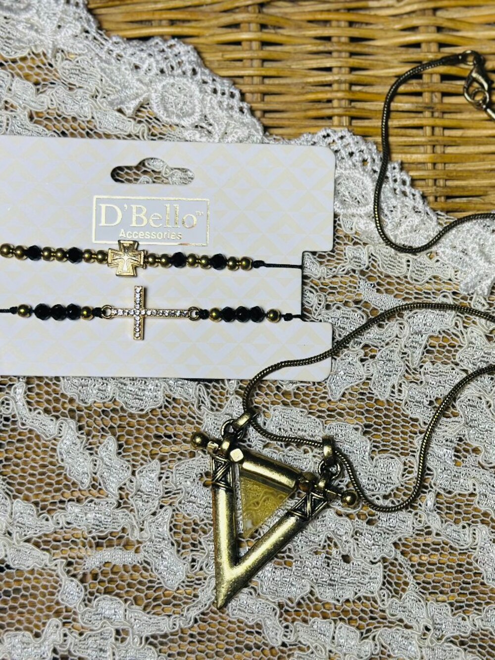 Geometric Statement Set: Artisan Triangle Necklace & Layered Cross Bracelets